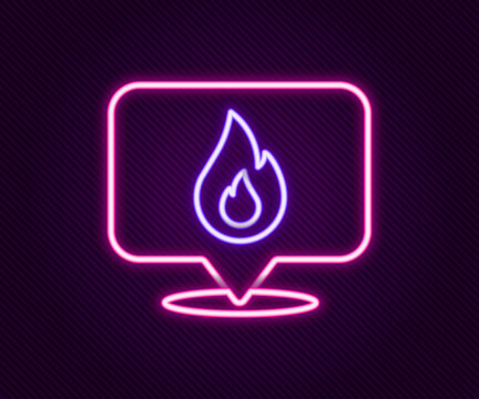 Glowing neon line Map pointer with fire flame icon isolated on black background. Fire nearby. Colorful outline concept. Vector