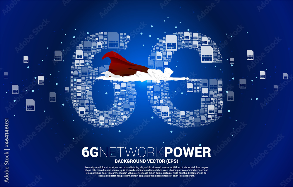 Aufkleber silhouette of man in superhero suit with 6g from mobile sim card networking. concept for power of mo