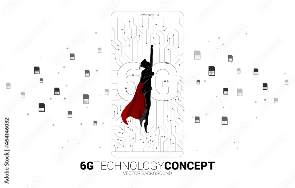 Poster silhouette of man in superhero suit with 6g dot connect line circuit board style mobile phone icon. 