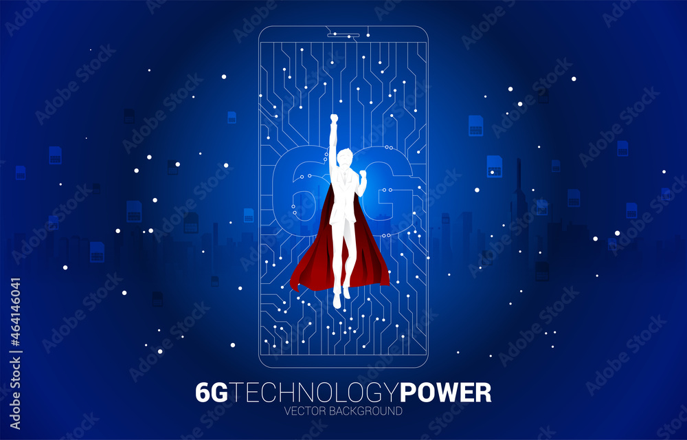 Poster silhouette of man in superhero suit flying with 6g dot connect line circuit board style mobile phone