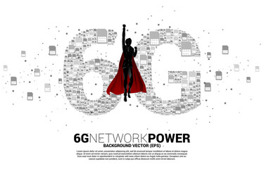 Silhouette of man in superhero suit with 6G from mobile sim card networking. Concept for power of mobile telecommunication global network.