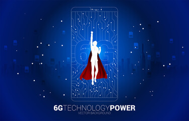 Silhouette of man in superhero suit flying with 6G dot connect line circuit board style mobile phone icon. Concept for data transfer of mobile data network. © Panithan
