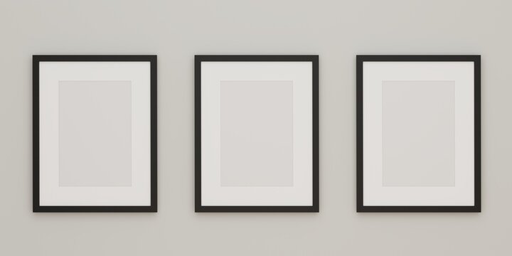 Three black picture frame mock up on the wall. 3d rendering.