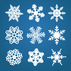 Vector snowflakes winter set of white isolated  icon silhouettes on blue background