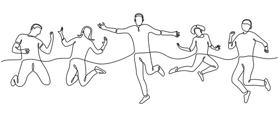 Fototapeta na wymiar Continuous line drawing people jumping in the air happiness concept vector illustration