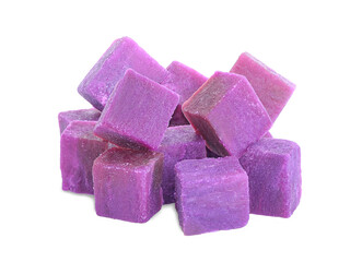 Pile of purple sweet potato cubes isolated on white background.
