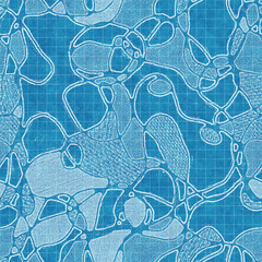 Seamless bright blue blueprint pattern for textile and print. High quality illustration. Technical engineering blue-print draft design. Graphic motif for background, wallpaper, or surface design print