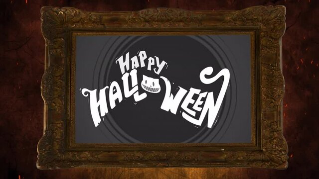 Animation of vintage frame over happy halloween in background
