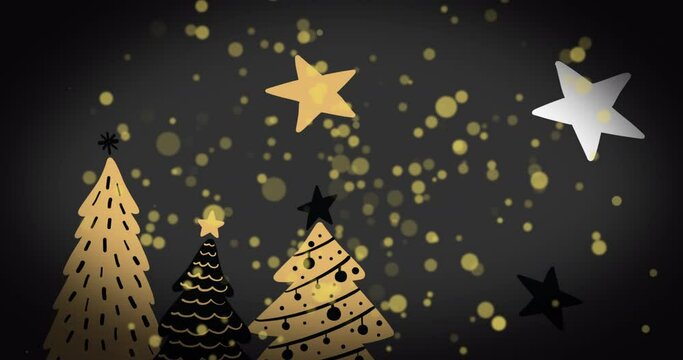 Animation of golden dots and stars over christmas tree on dark grey background
