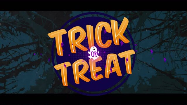 Animation of trick or treat over halloween creepy branches on dark blue background