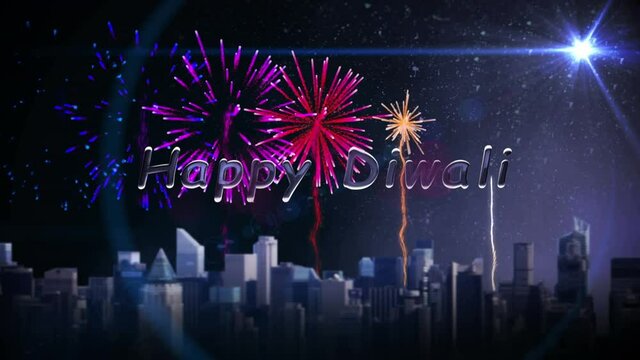 Animation of happy diwali over fireworks and night cityscape in background