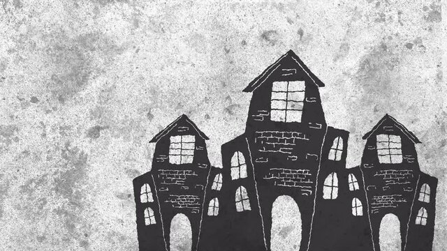 Animation of halloween haunted house on moving grey background