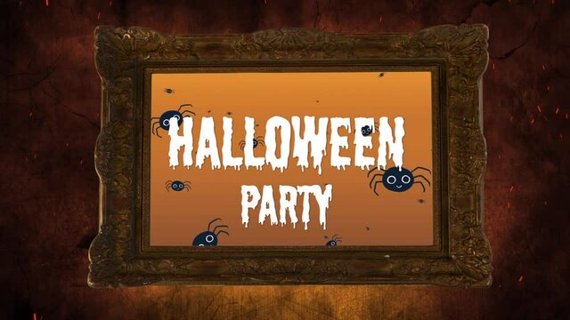 Animation of vintage frame over happy halloween and spiders in background