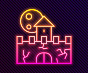 Glowing neon line Castle icon isolated on black background. Medieval fortress with a tower. Protection from enemies. Reliability and defense of the city. Vector