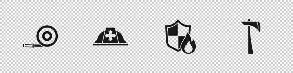Set Fire hose reel, Firefighter helmet, protection shield and axe icon. Vector