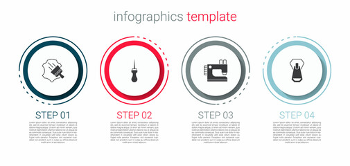 Set Leather, Awl tool, Sewing machine and Zipper. Business infographic template. Vector