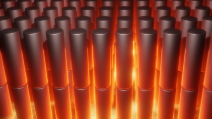 Glowing hot nuclear reactor, power plant fuel rods overheating. Cylindrical fuel cell batteries about to explode. Battery with yellow , red, orange radiation heat glow effect. 3d render illustration