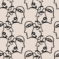 Abstract faces seamless pattern. Modern minimal art. Continuous line drawing.