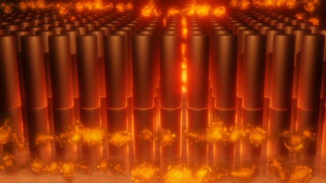 Glowing hot nuclear reactor, power plant fuel rods overheating. Cylindrical fuel cell batteries about to explode. Battery with yellow , red, orange radiation heat glow effect. 3d render illustration