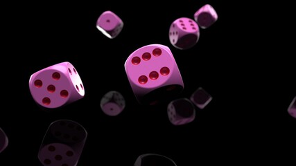 Rolling pink-red dices under black-white flash background. 3D CG. 3D illustration. 3D high quality rendering.
