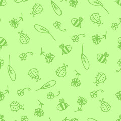 Summer seamless pattern of cute bees, ladybugs and flowers. Perfect for T-shirt, textile and prints. Doodle vector illustration for decor and design. 
