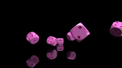 Rolling pink-red dices under black-white flash background. 3D CG. 3D illustration. 3D high quality rendering.