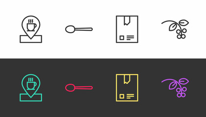 Set line Location with coffee cup, Spoon, Bag beans and Coffee bean, branch on black and white. Vector