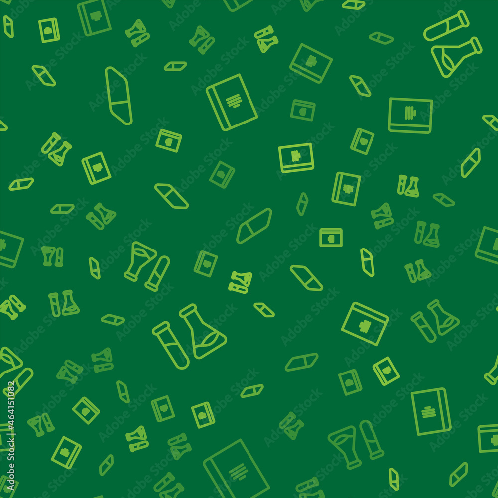 Poster set line eraser or rubber, test tube and flask and spiral notebook on seamless pattern. vector