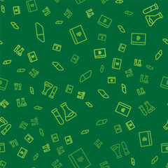 Set line Eraser or rubber, Test tube and flask and Spiral notebook on seamless pattern. Vector