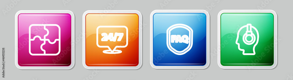 Poster set line piece of puzzle, clock 24 hours, shield with text faq and support operator in touch. colorf