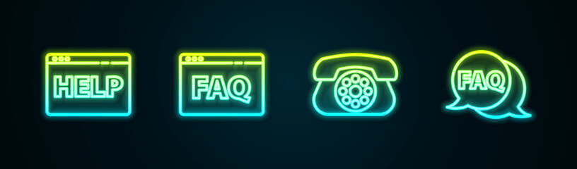Set line Browser help, FAQ, Telephone and Speech bubble with. Glowing neon icon. Vector