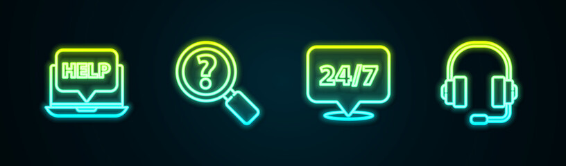 Set line Laptop and help, Unknown search, Clock 24 hours and Headphones. Glowing neon icon. Vector