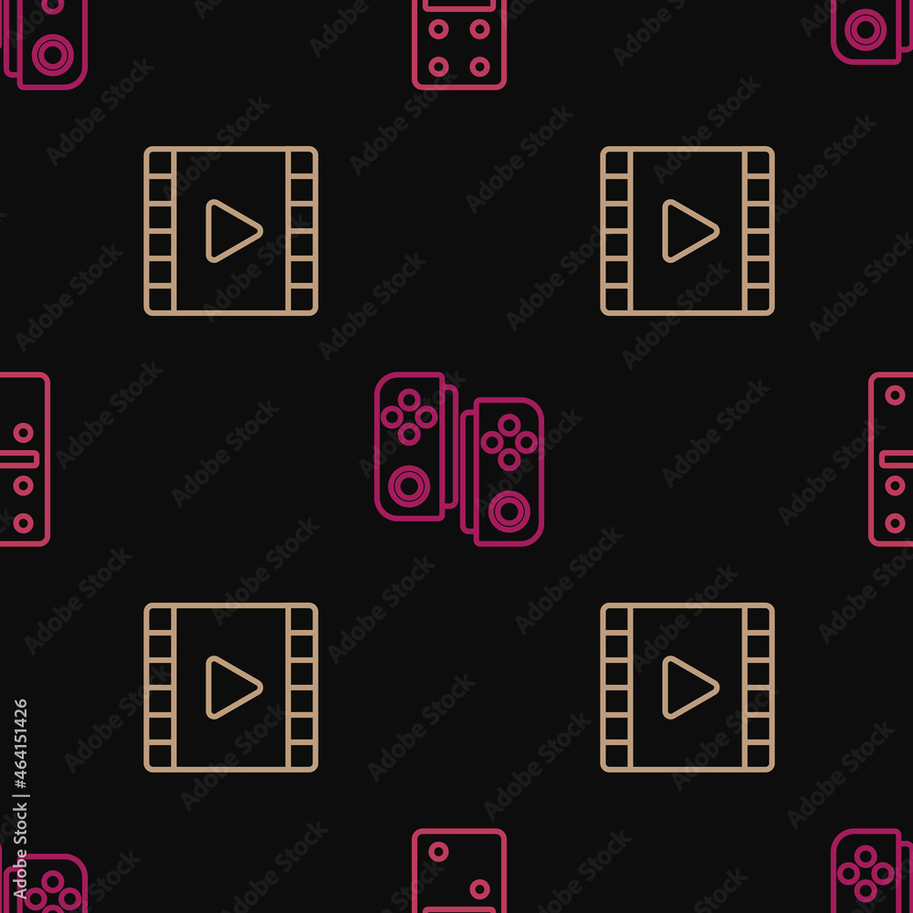 Poster set line domino, play video and gamepad on seamless pattern. vector