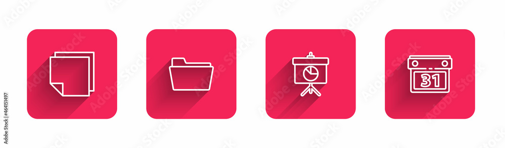 Poster set line post note stickers, document folder, chalkboard with diagram and calendar with long shadow.