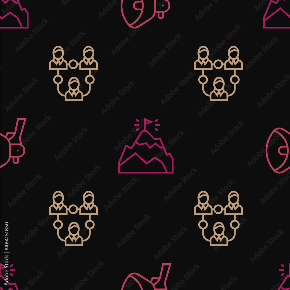 Aufkleber set line megaphone, project team base and mountains with flag on seamless pattern. vector