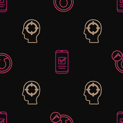 Set line Create account screen, Head hunting and Smartphone on seamless pattern. Vector