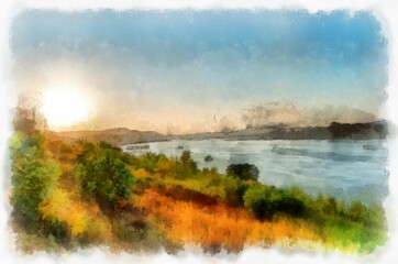 Fototapeta na wymiar The landscape of the Mekong River Thailand watercolor style illustration impressionist painting.