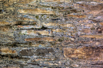 Cement and rock wall, background or backdrop copy-space, with muted pastel colors, yellow, green and dark infused with some lichen
