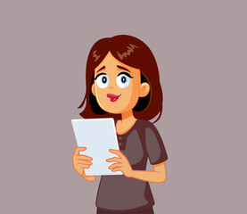 Happy Woman Holding Tablet Computer Vector Cartoon