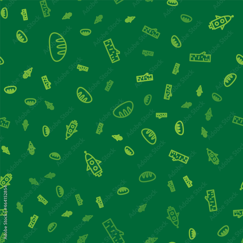Poster set line bread loaf, rocket ship and birch tree on seamless pattern. vector