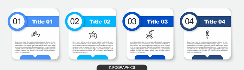 Obraz premium Set line Toy boat, Gamepad, Baby stroller and Sword toy. Business infographic template. Vector