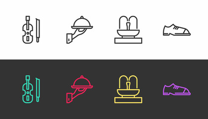 Set line Violin, Covered with tray of food, Fountain and Men shoes on black and white. Vector © Kostiantyn