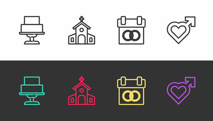 Set line Wedding cake, Church building, Calendar and Heart with male gender on black and white. Vector