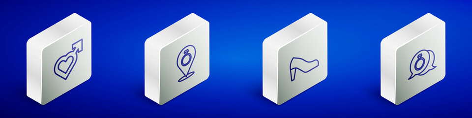 Set Isometric line Heart with male gender, Wedding rings, Woman shoe and Diamond engagement icon. Vector