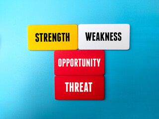 Colored wooden blocks with the words Threat Opportunity Weakness Strength.