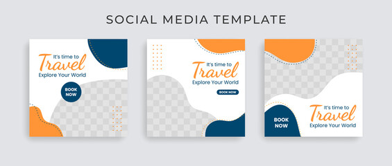 Editable template post for social media ad. Instagram template post. web banner ads for travel promotion .design with blue and yellow color.