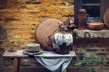 Country house in Guangzhou Сhina, Zinitown, the urban farm. Fragment of a courtyard decoration.  