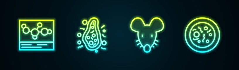 Set line Chemical formula, Bacteria, Experimental mouse and Petri dish with bacteria. Glowing neon icon. Vector
