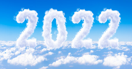 Naklejka na ściany i meble Fluffy cloudscape celebration to 2022 Happy New Year with Blue sky clouds beautiful nature background.Start to new year with nature earth aerial view.Calendar background in 2022.Start to New plane.