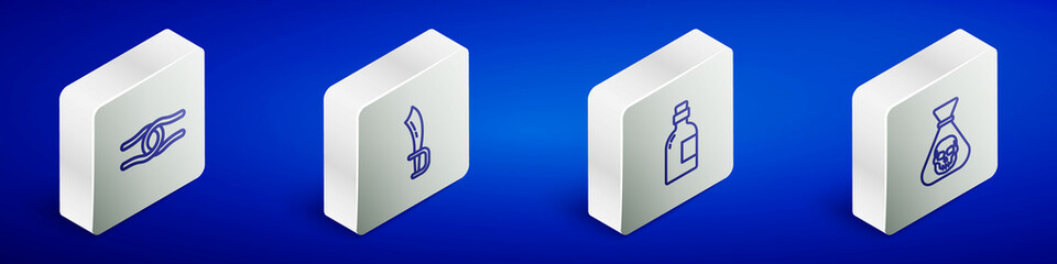 Set Isometric line Rope tied in a knot, Pirate sword, Alcohol drink Rum and coin icon. Vector